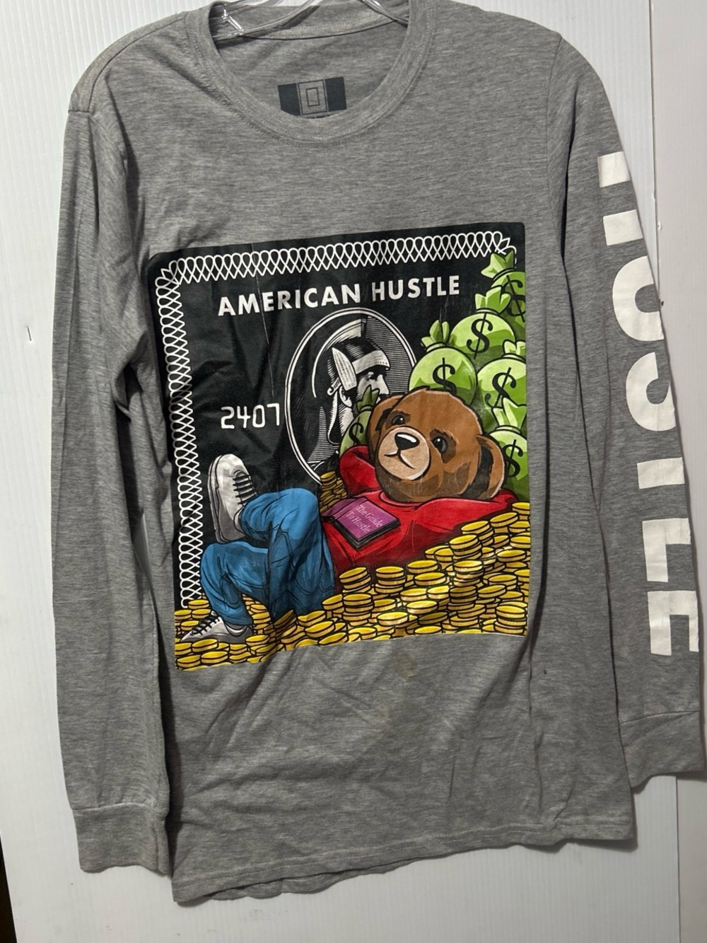 American Hustle Gray Long Sleeve Graphic Tee - Bear & Coins